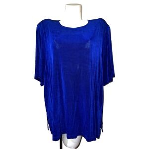 Vikki Vi Women's Blue Slinky Short Sleeve Top Size 3X Side Slit Padded Shoulders